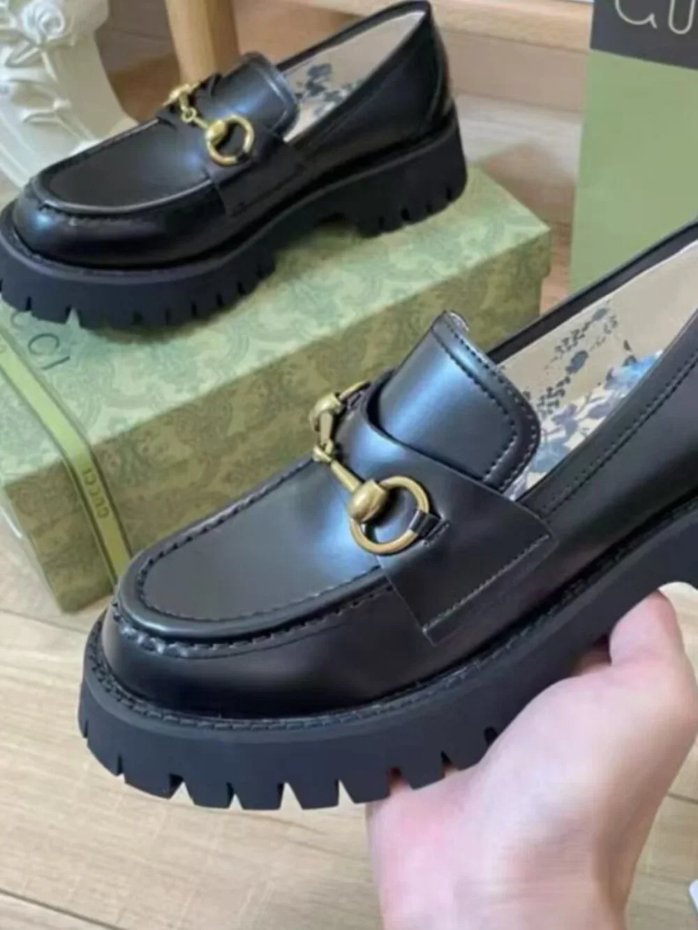 Gucci Black Leather Lug Sole Loafers